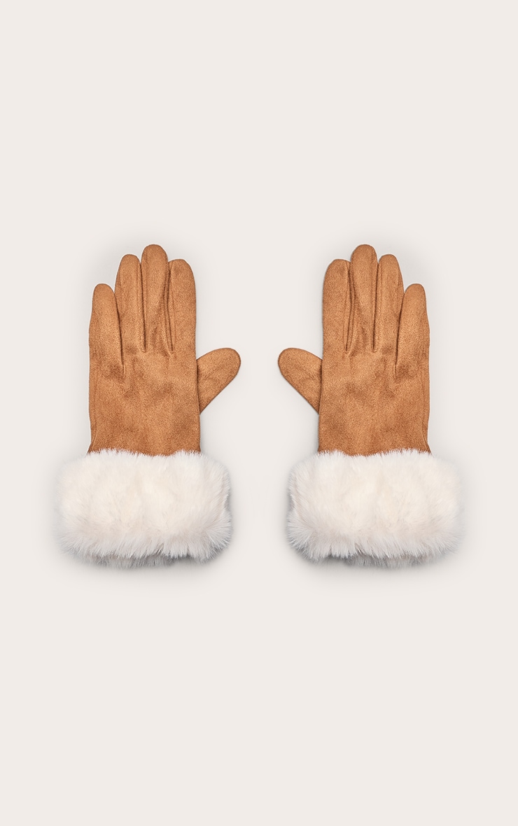 Chestnut Faux Suede Faux Fur Trim Gloves image 2