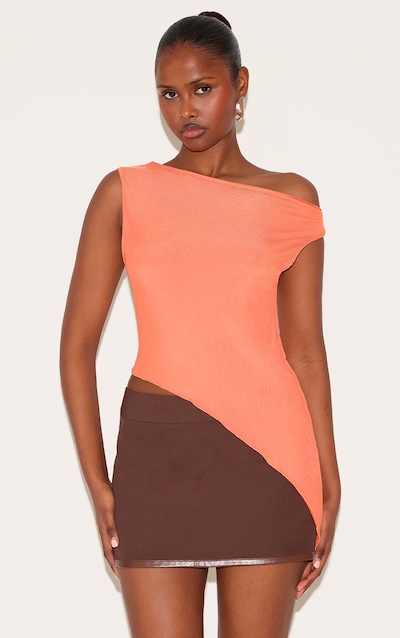 Top en mesh paprika à col asymétrique