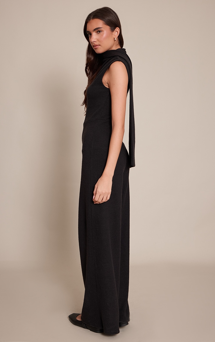 Black Ribbed Ruched Scarf Detail Wide Leg Jumpsuit image 2