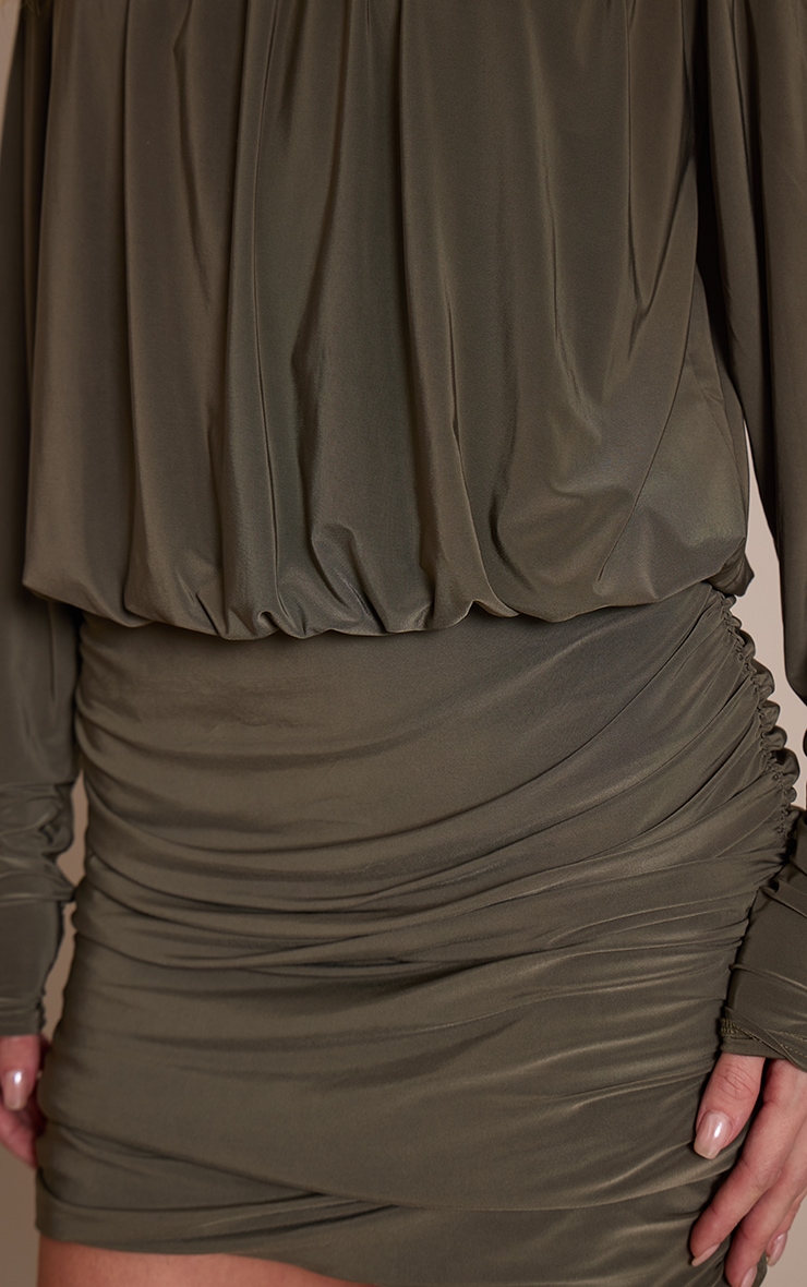Khaki Double Layer Slinky Bardot Drape Mini Dress image 4