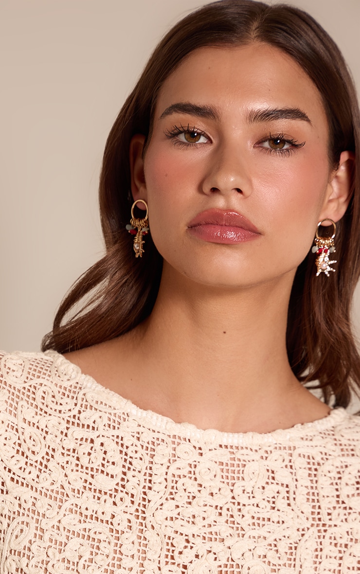 Gold Beaded Conch Shell Draped Earrings