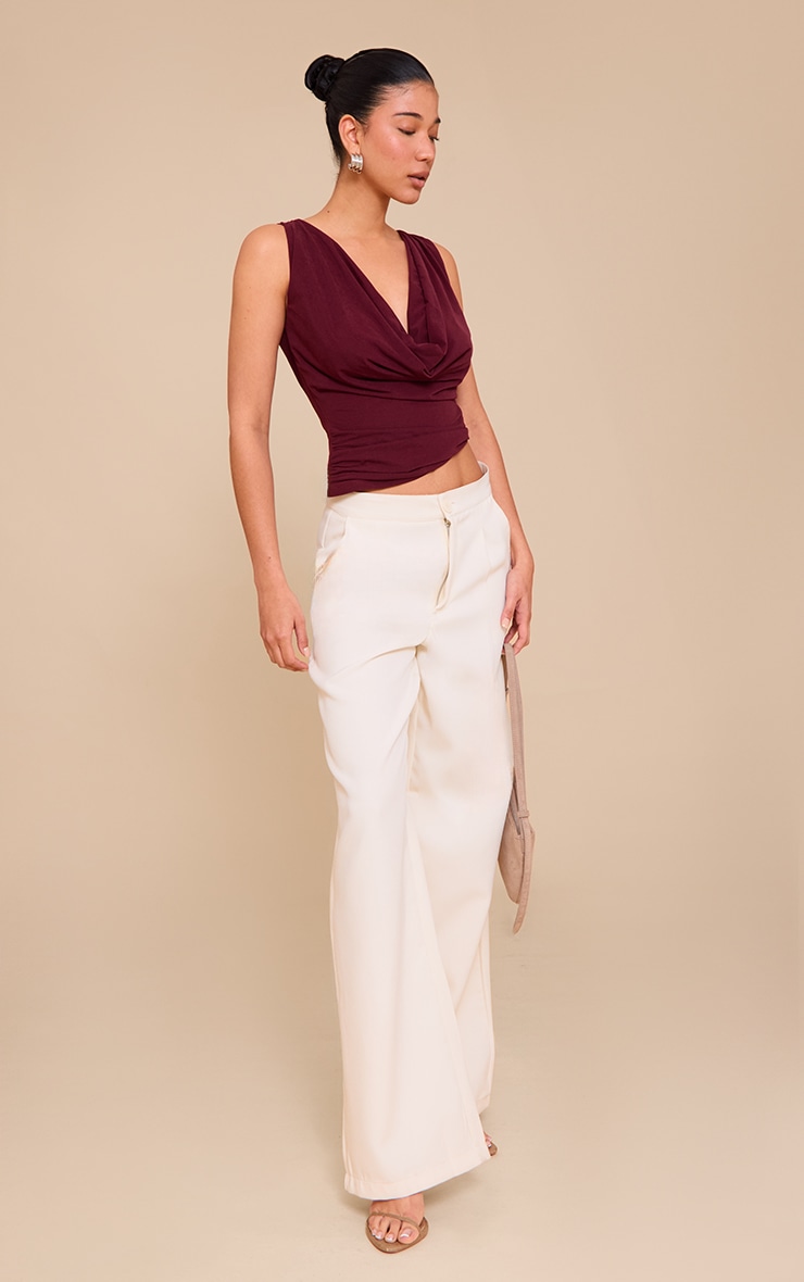 Wine Stretch Chiffon Cowl Neck Long Top image 3