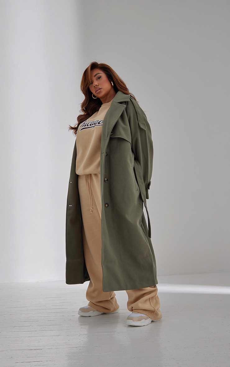 Plus Khaki Oversized Double Breasted Military Trim Coat image 3