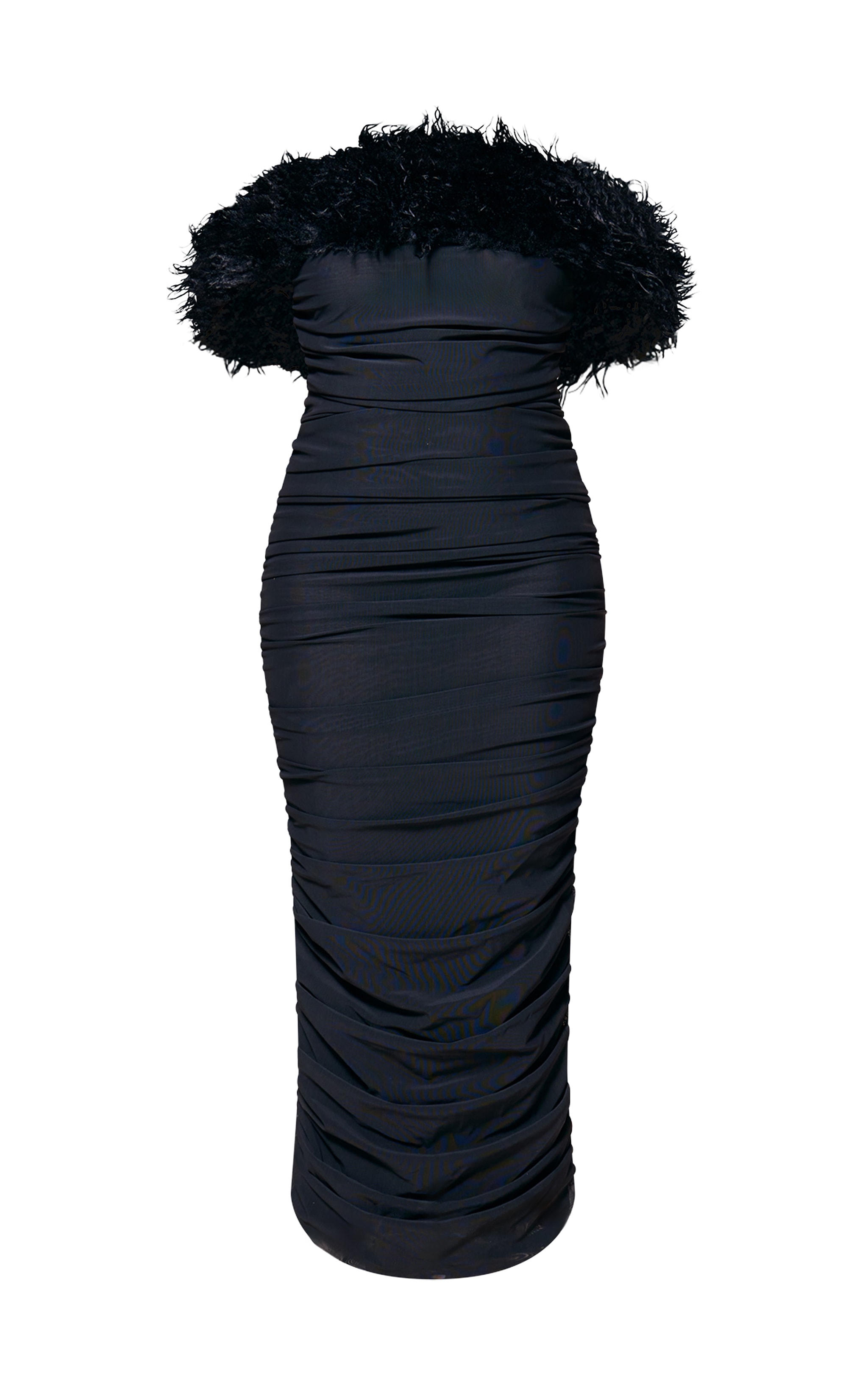 PLT Label Plus Robe bandage mi-longue froncée en mesh noir à col bardot moumouté image 5