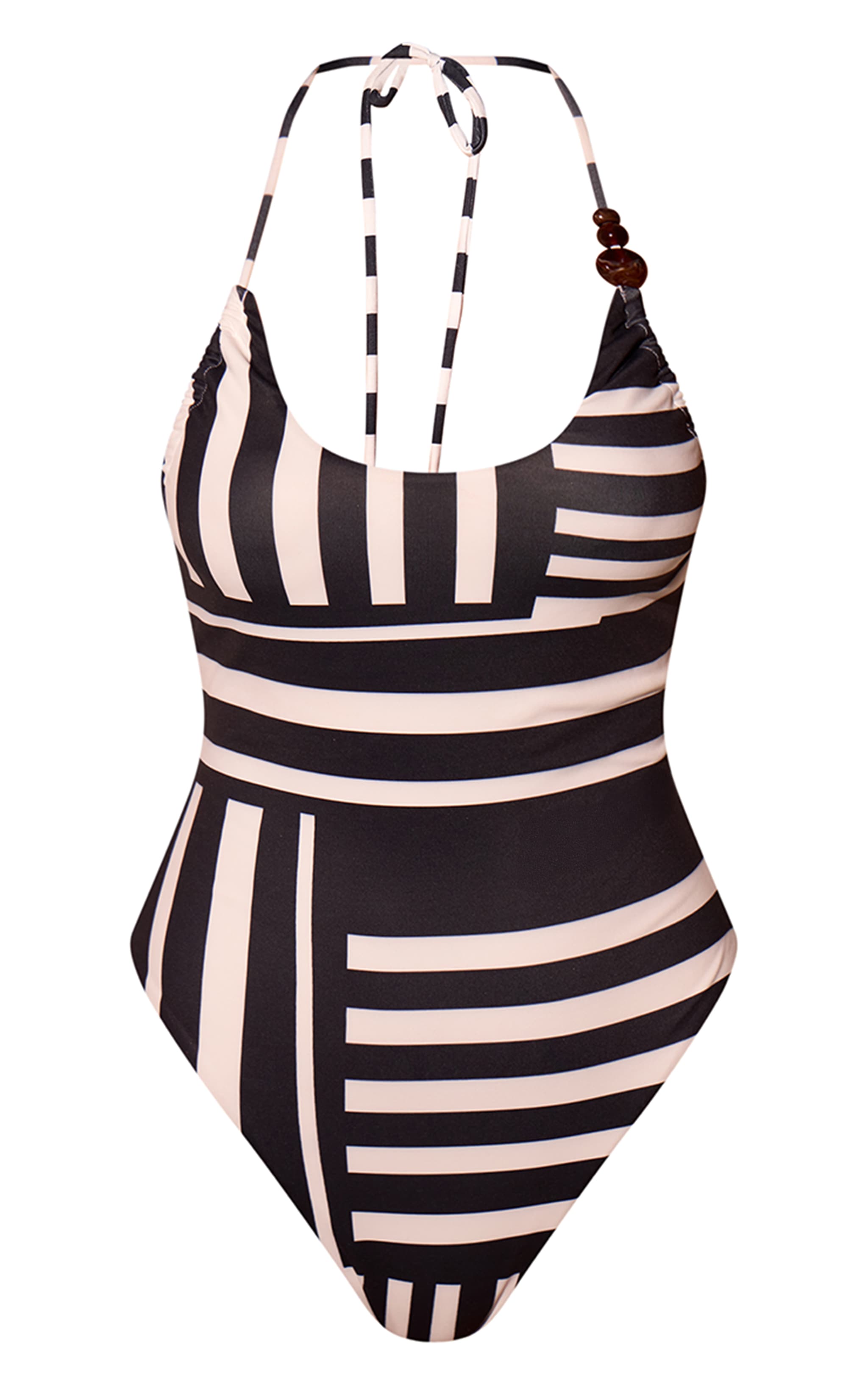 White Stripe Print Scoop Neck Bead Trim Swimsuit image 5