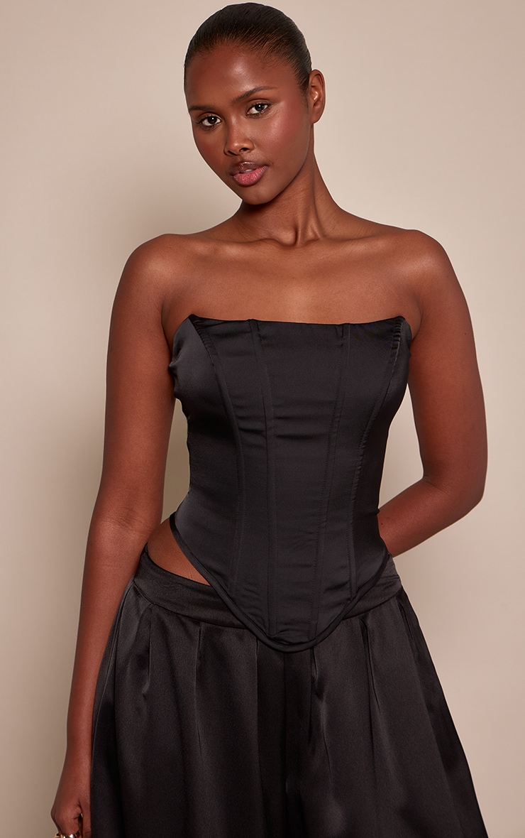 Black Satin Dipped Hem Corset image 1