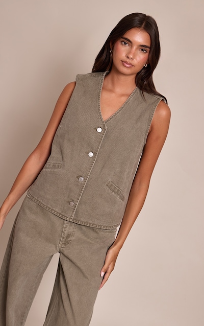 Dark Khaki Sleeveless Button Down Denim Vest
