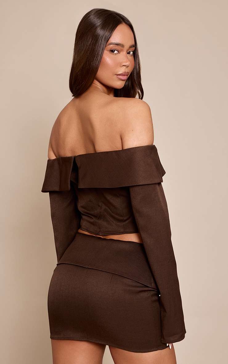 Dark Brown Twill Tailored Foldover Bardot Top image 2