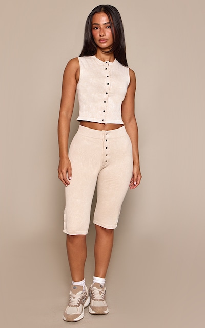 Petite Cream Contour Rib Popper Detail Capri Pants