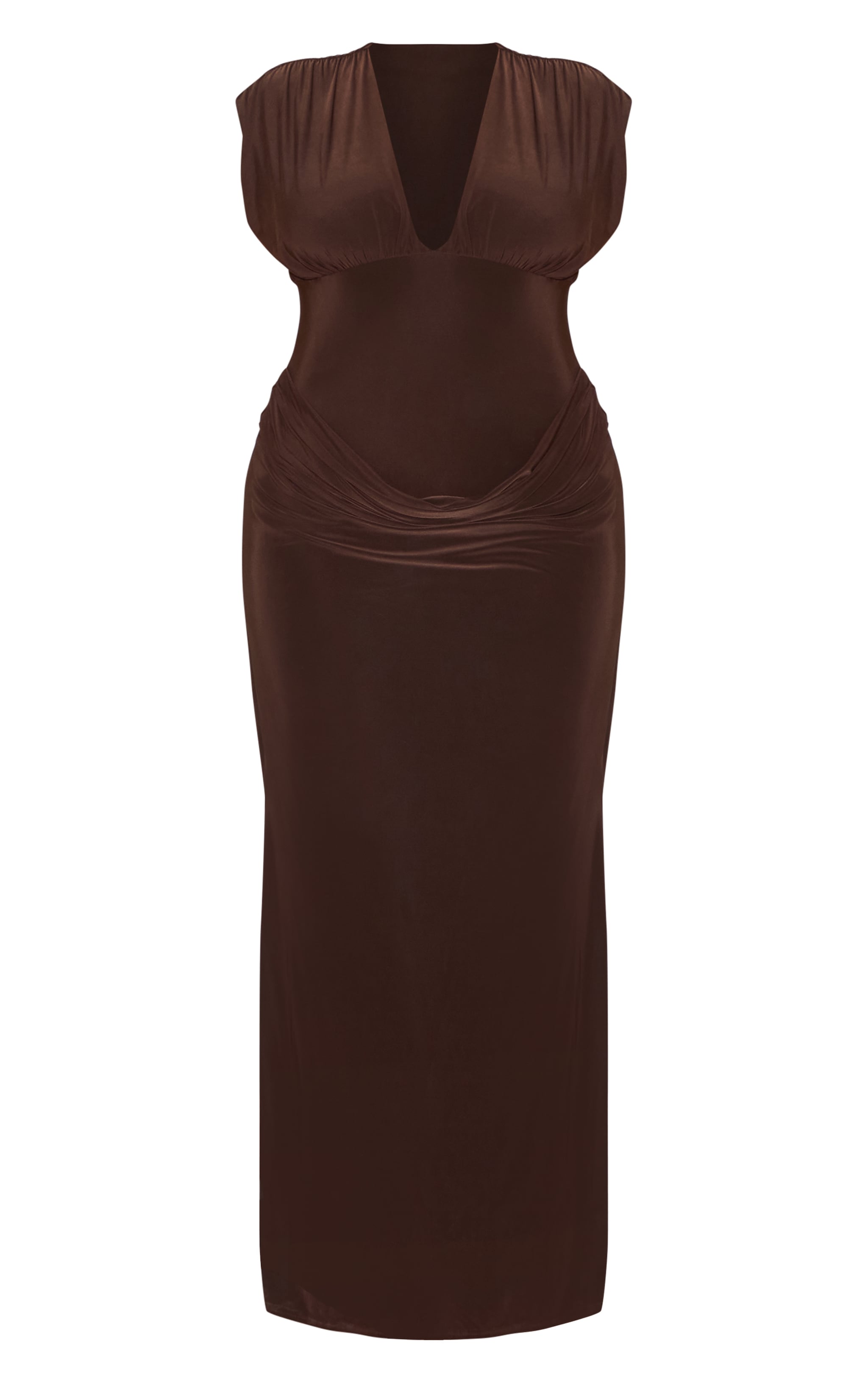 Plus Chocolate Double Layer Plunge Ruched Shoulder Drape Waist Maxi Dress image 5