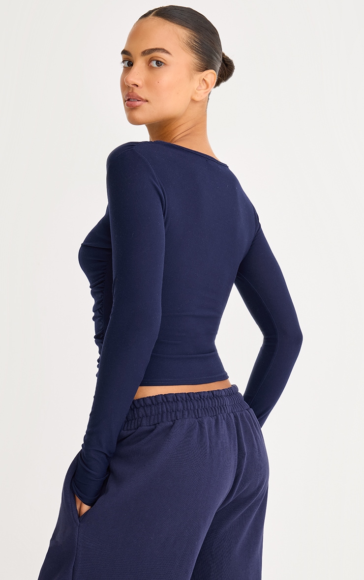 Navy Soft Touch Ruched Long Sleeve Longline Top image 2