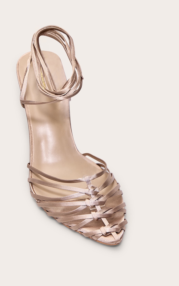 PLT Label Taupe Satin Macrame Strappy Toe Front High Heels image 5