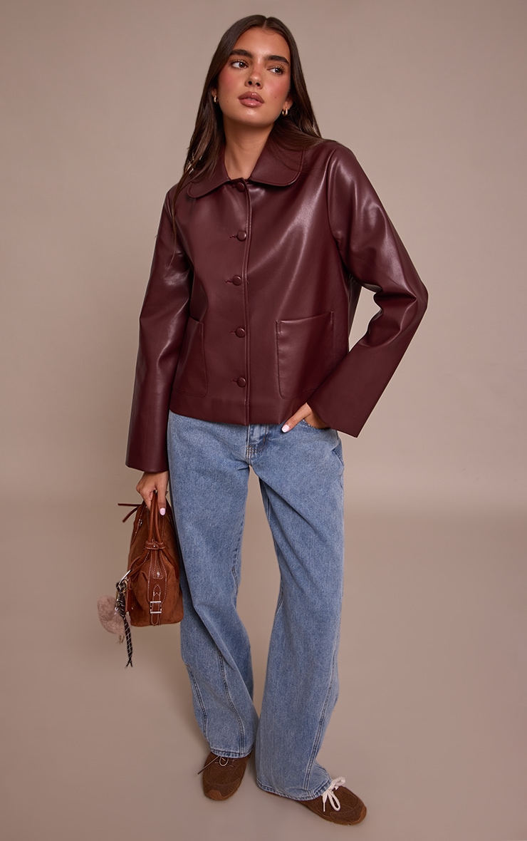 Burgundy PU Button Up Jacket image 3