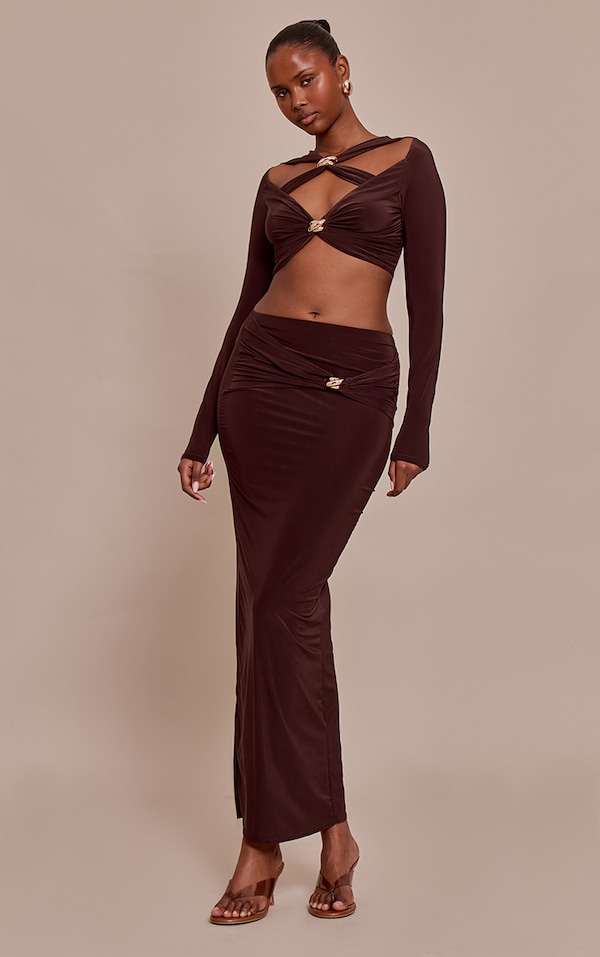 Chocolate Slinky Cut Out Twist Detail Trim Mid Rise Maxi Skirt