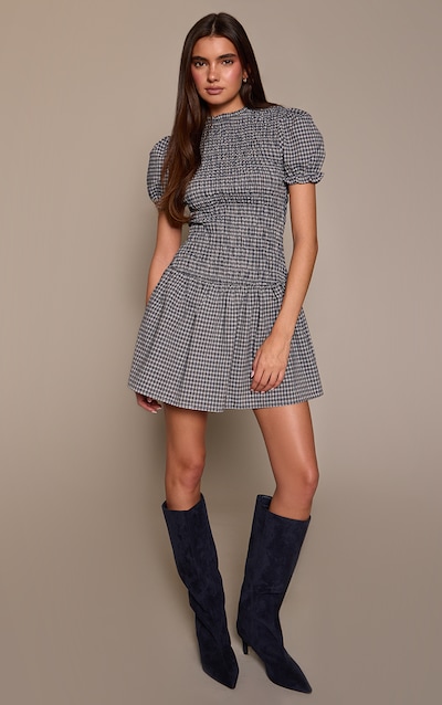 Navy Check Shirred Cap Sleeve Shift Dress