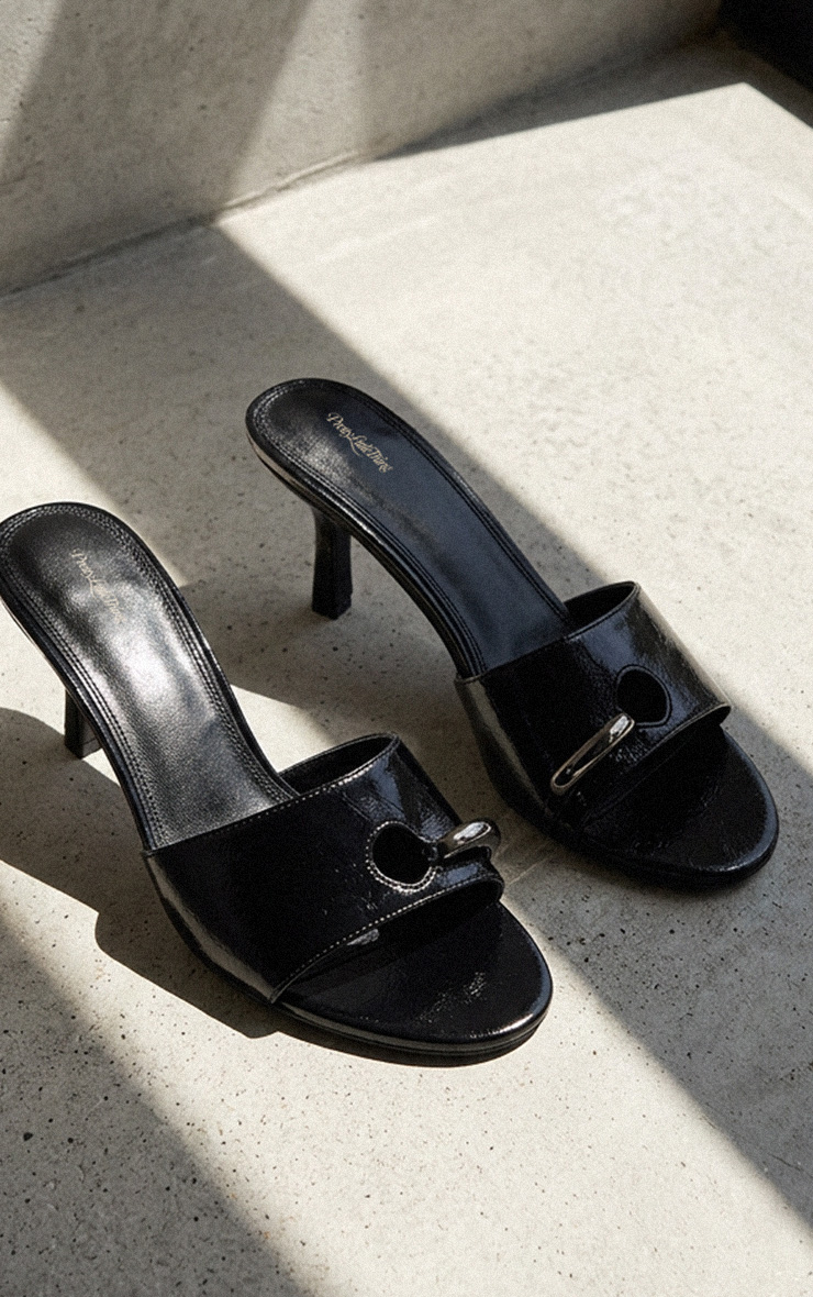 Black Faux Leather Cut Out Ring Detail Mid Heeled Mules