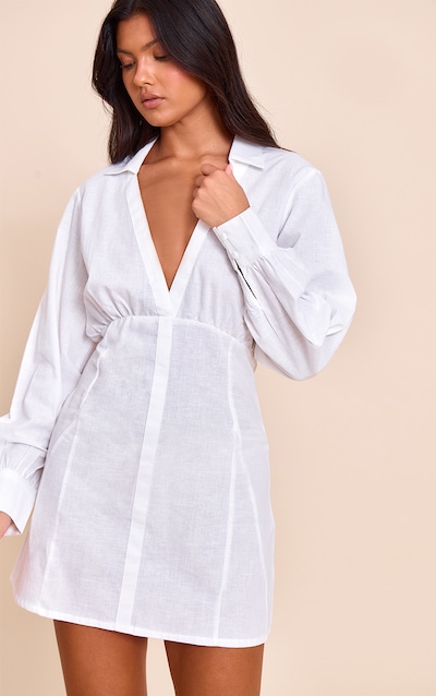 White Plunge Shirt Dress