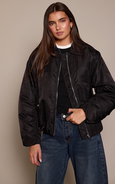 Black Oversized Cocoon Sleeve Bomber Jacket