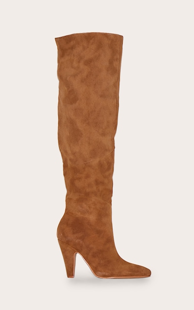 Cuissardes pointues en suédine camel à talon