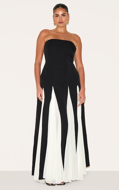 Plus Black Bandeau Contrast Chiffon Pleated Maxi Dress