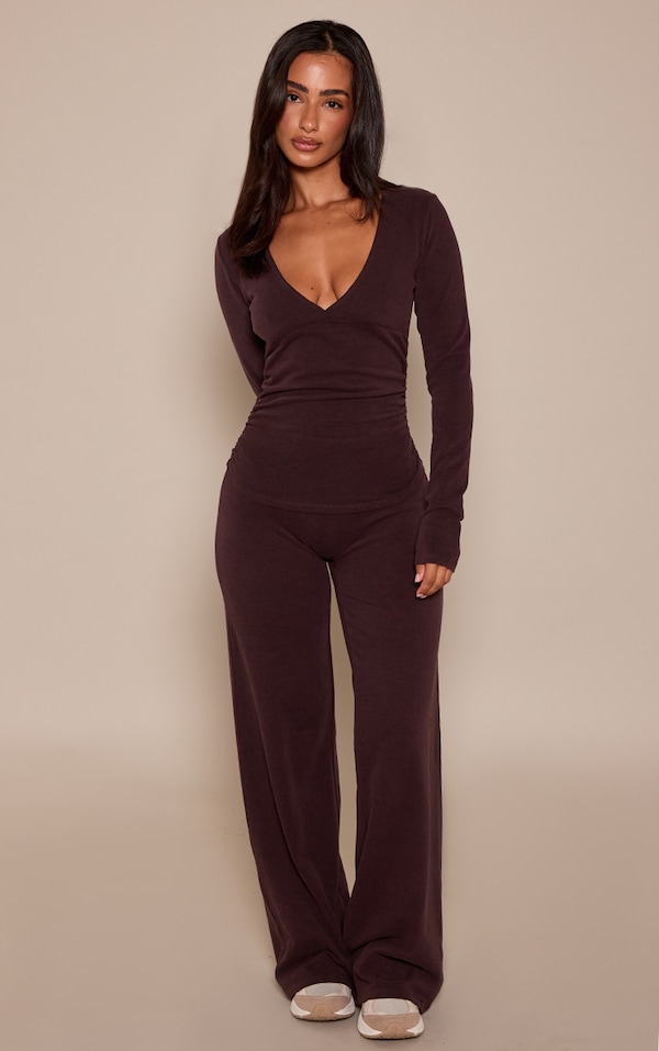 Petite Chocolate Soft Cotton Low Rise Straight Leg Lounge Trousers