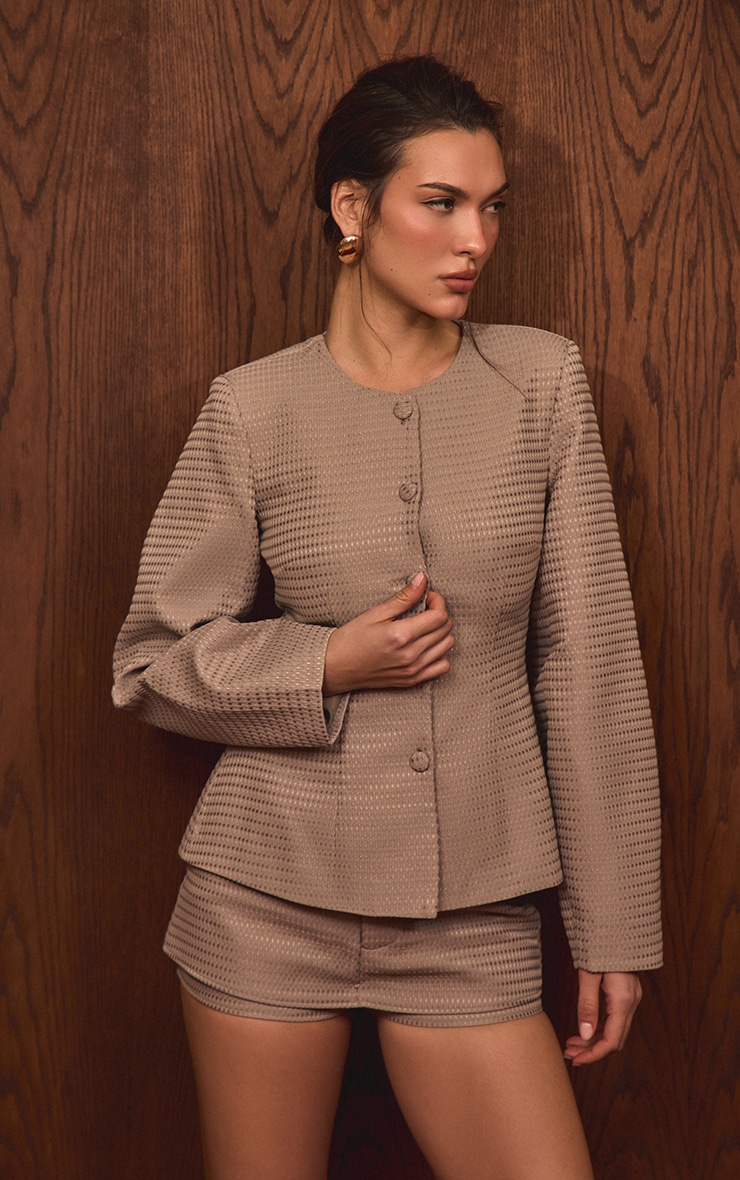 Taupe Boucle Cinched Waist Cocoon Sleeve Button Up Blazer image 5