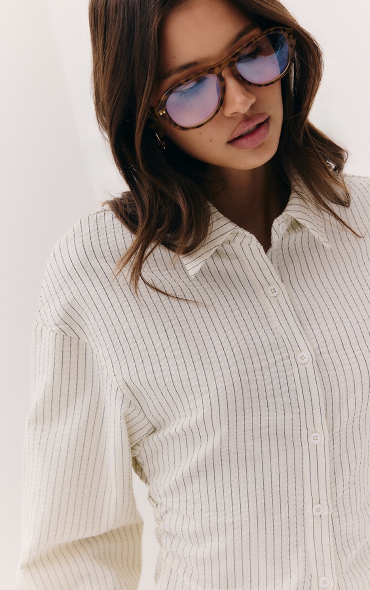 Cream Pinstripe Seersucker Cinched Waist Shirt Dress image 4