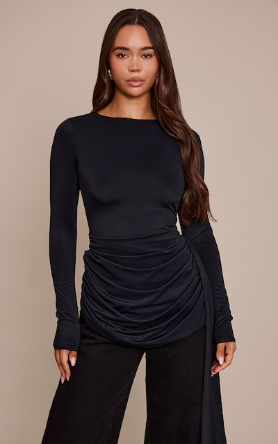 Black Matte Sculpt Extreme Drape Detail Long Sleeve Top