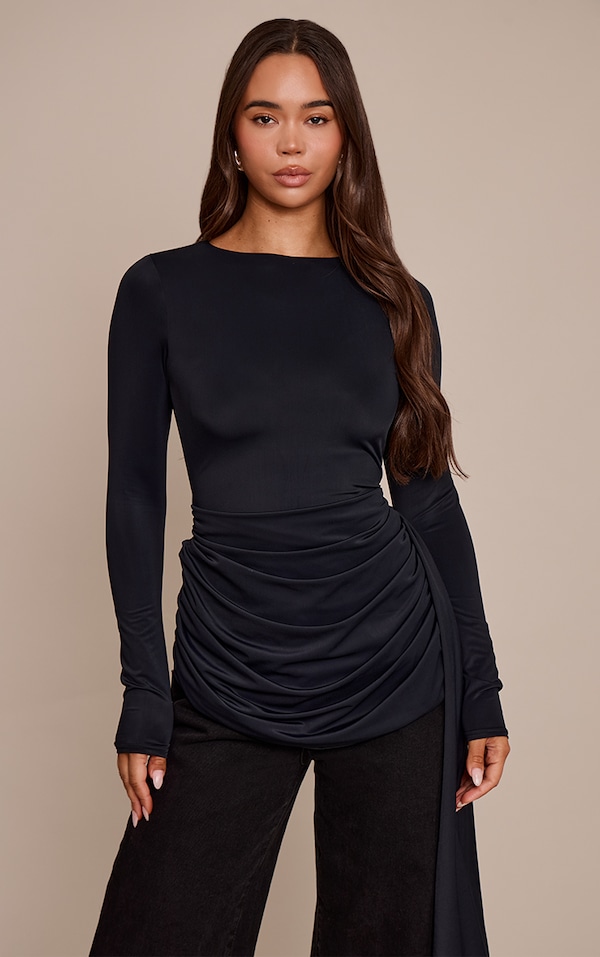 Black Matte Sculpt Extreme Drape Detail Long Sleeve Top 