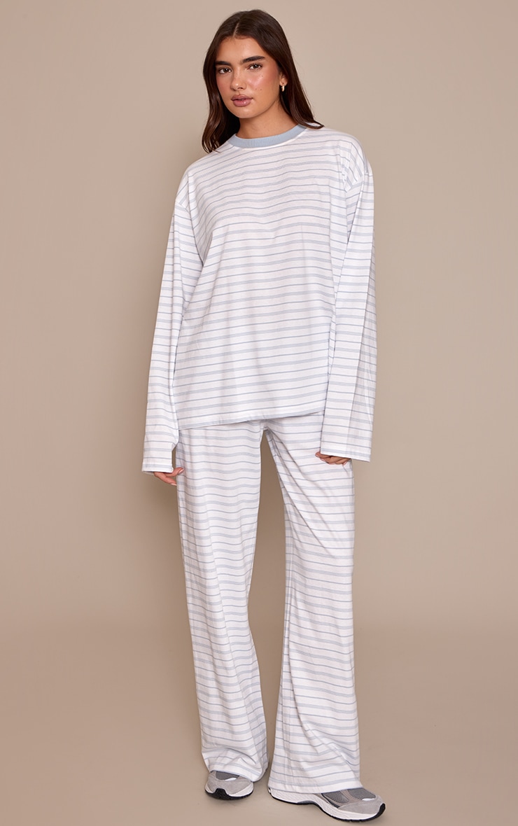 Dusty Blue Striped Wide Leg Drawstring Trousers image 1