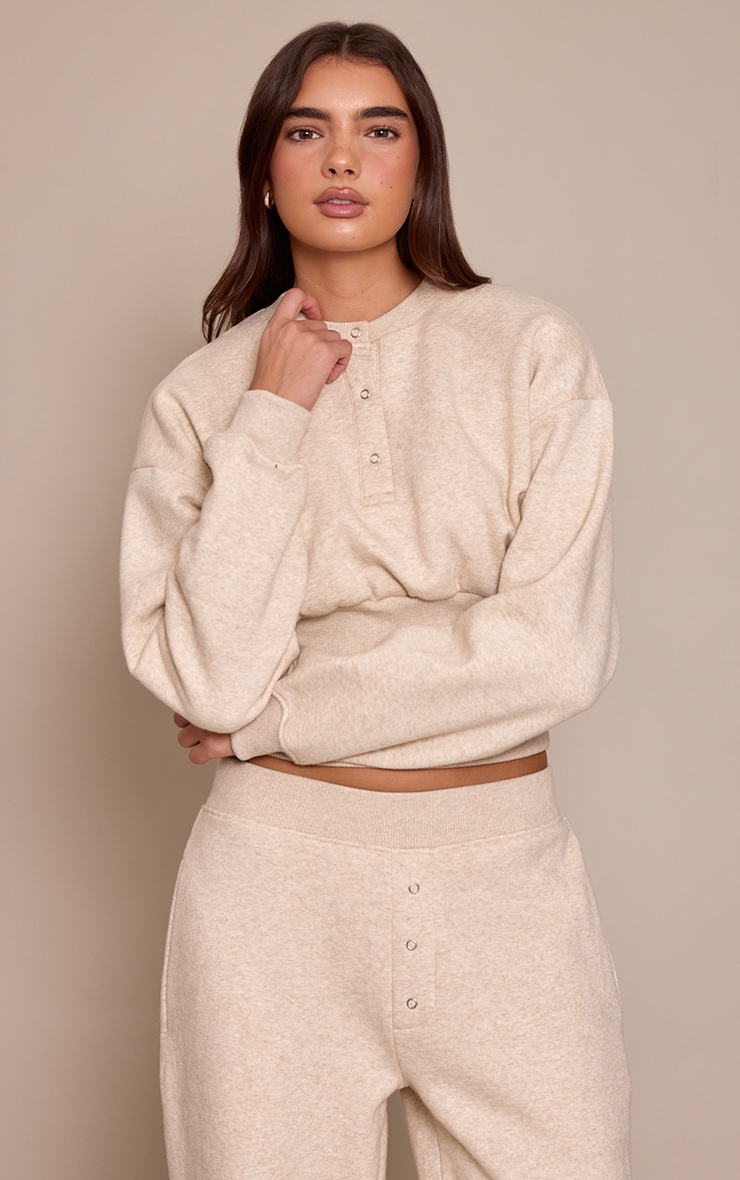 Oatmeal Marl Button Up Cinched Sweatshirt