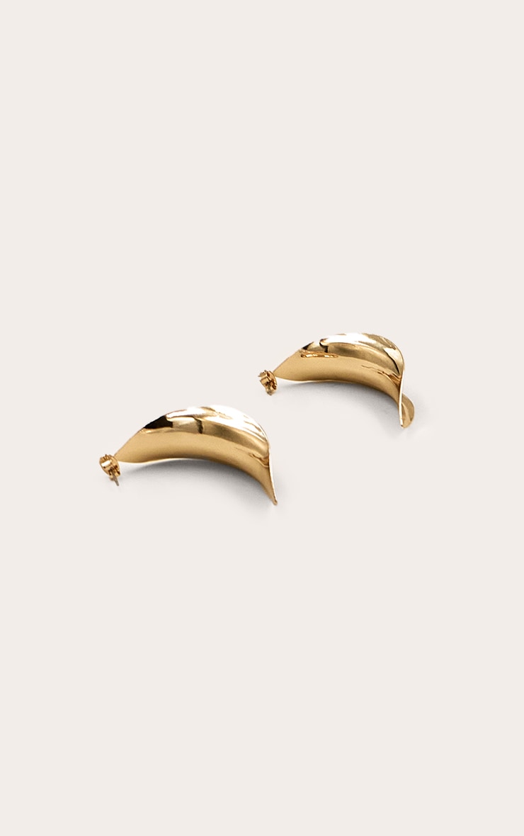 Gold Smooth Scooped Leaf Earrings image 3