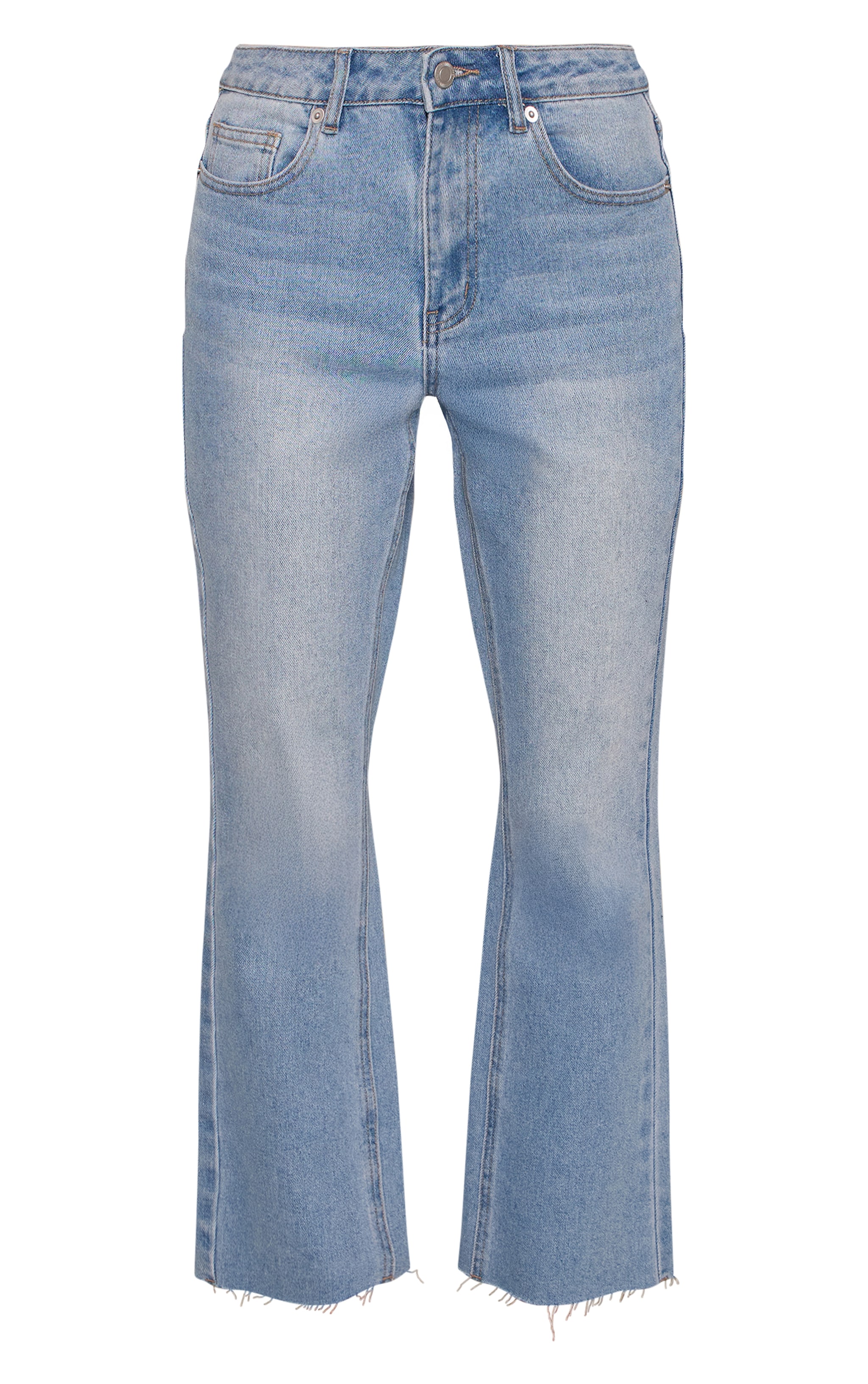Mid Blue Cropped Raw Hem Straight Leg Jeans image 5