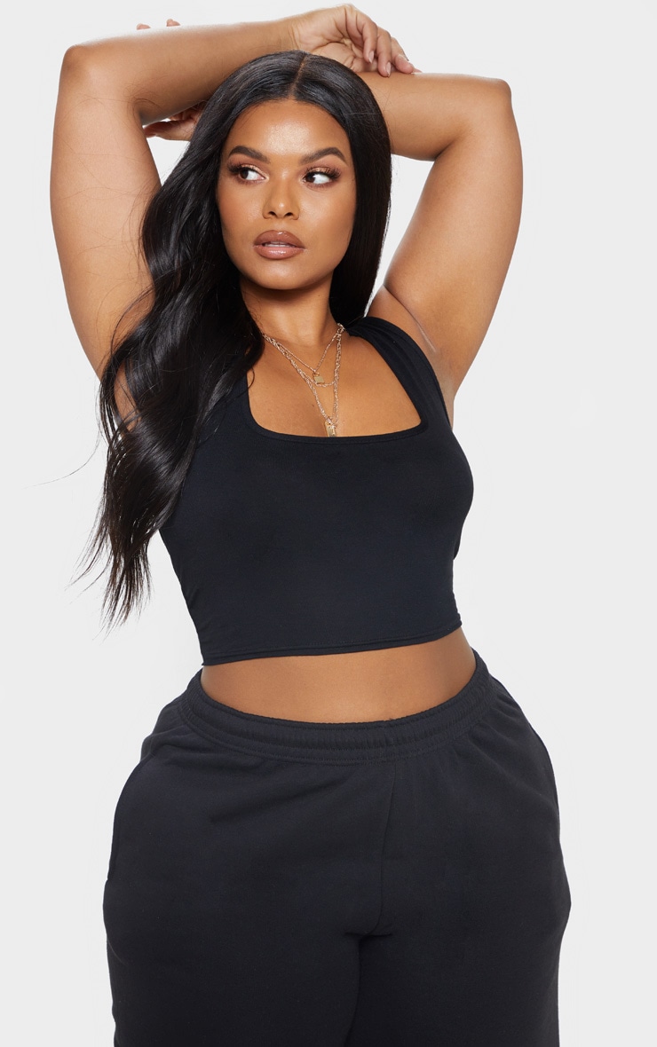 Plus Black Basic Jersey Square Neck Crop Vest
