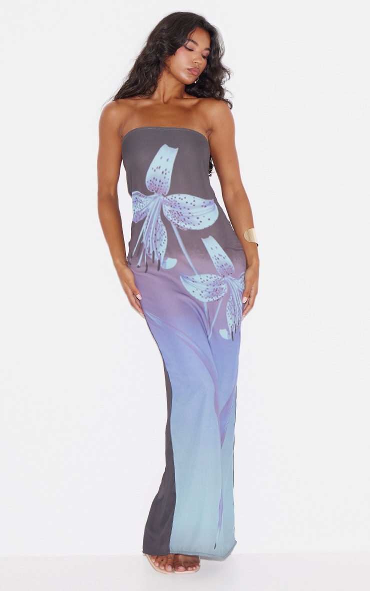 Blue Oversized Chiffon Floral Print Bandeau Maxi Dress image 1