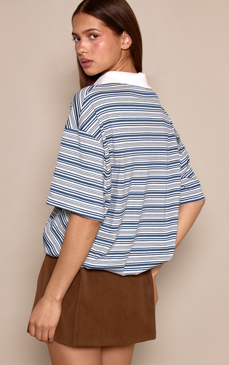 Navy Stripe Bubble Hem Rugby Style Top image 2