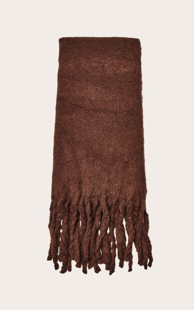 Chocolate Distressed Knit Tassel Scarf image 2