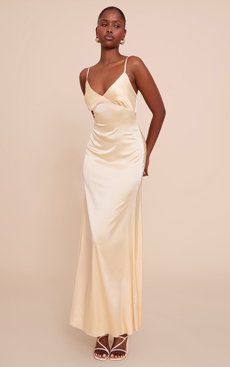 Robe longue satinée jaune citron à bretelles fines image 1