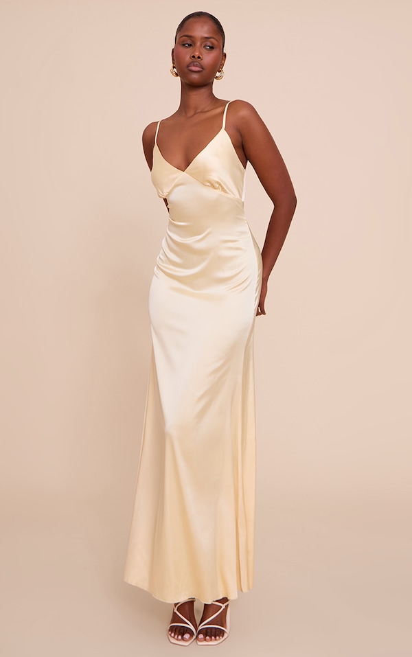 Robe longue satinée jaune citron à bretelles fines