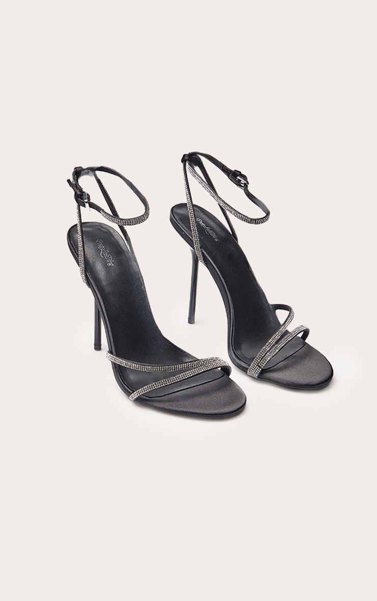 Black Satin Diamante Round Toe Asymmetric High Stiletto Heeled Sandals image 3