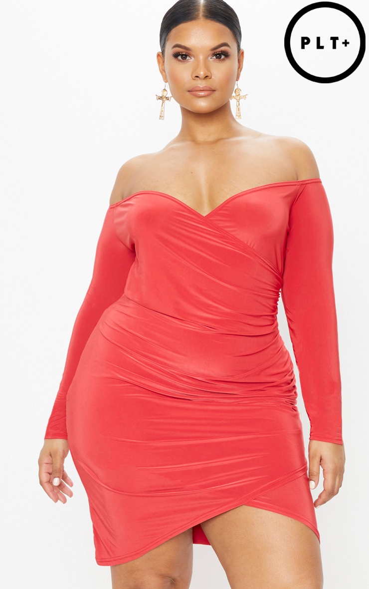 Plus ruched bardot knitted bodycon dress