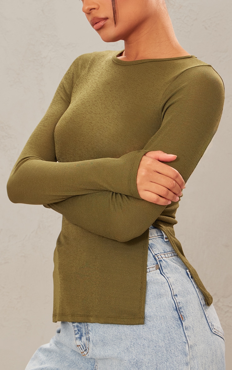 Khaki Burnout Mesh Long Sleeve Split Hem Long Top image 4