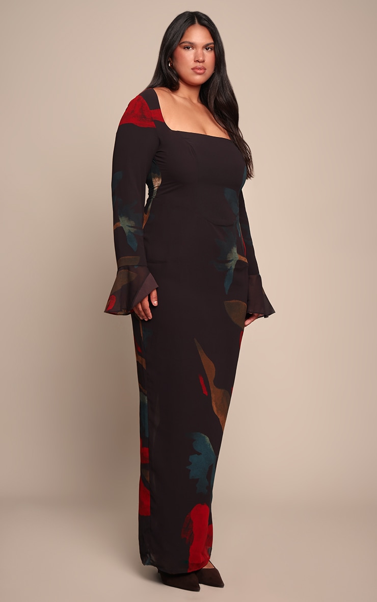 Plus Black Floral Print Chiffon Flute Sleeve Maxi Dress image 3