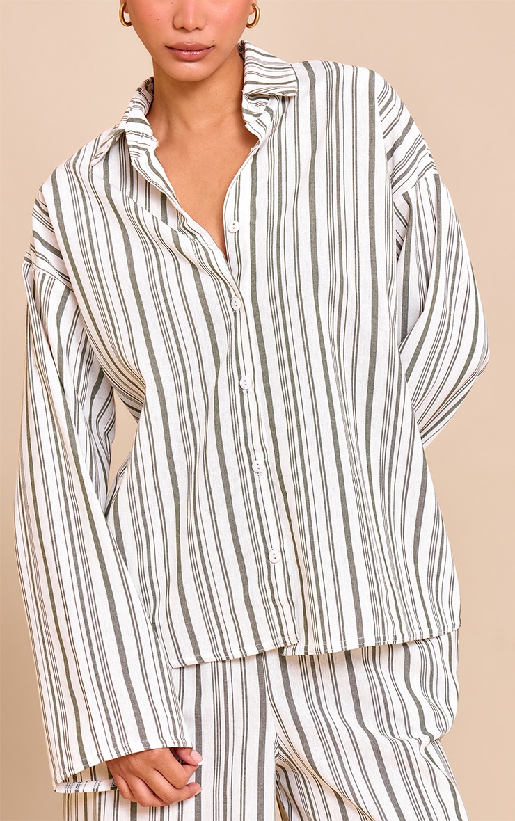 Khaki Striped Oversized Long Sleeve Shirt image 4