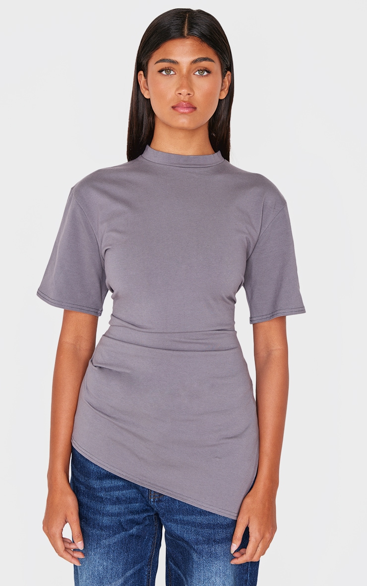 Charcoal Cotton Ruched Side Asymmetric Hem T-shirt image 1
