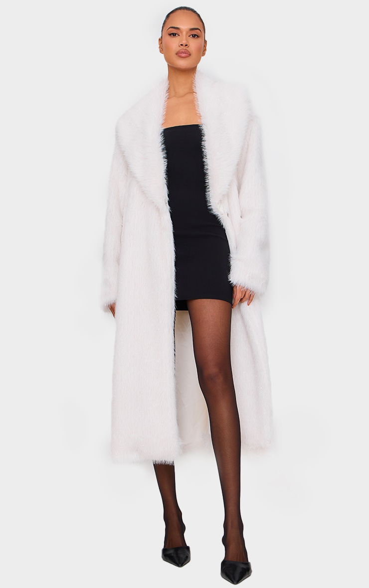 Silver Glitter Faux Fur Maxi Coat