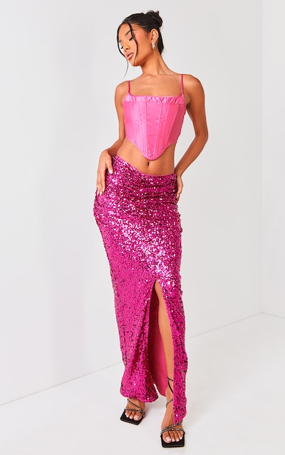 Hot Pink Sequin Ruched Waist Maxi Skirt