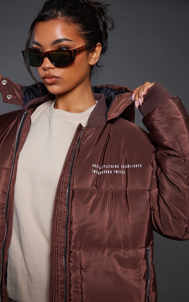 PRETTYLITTLETHING Chocolate Text Front Maxi Puffer Coat image 4