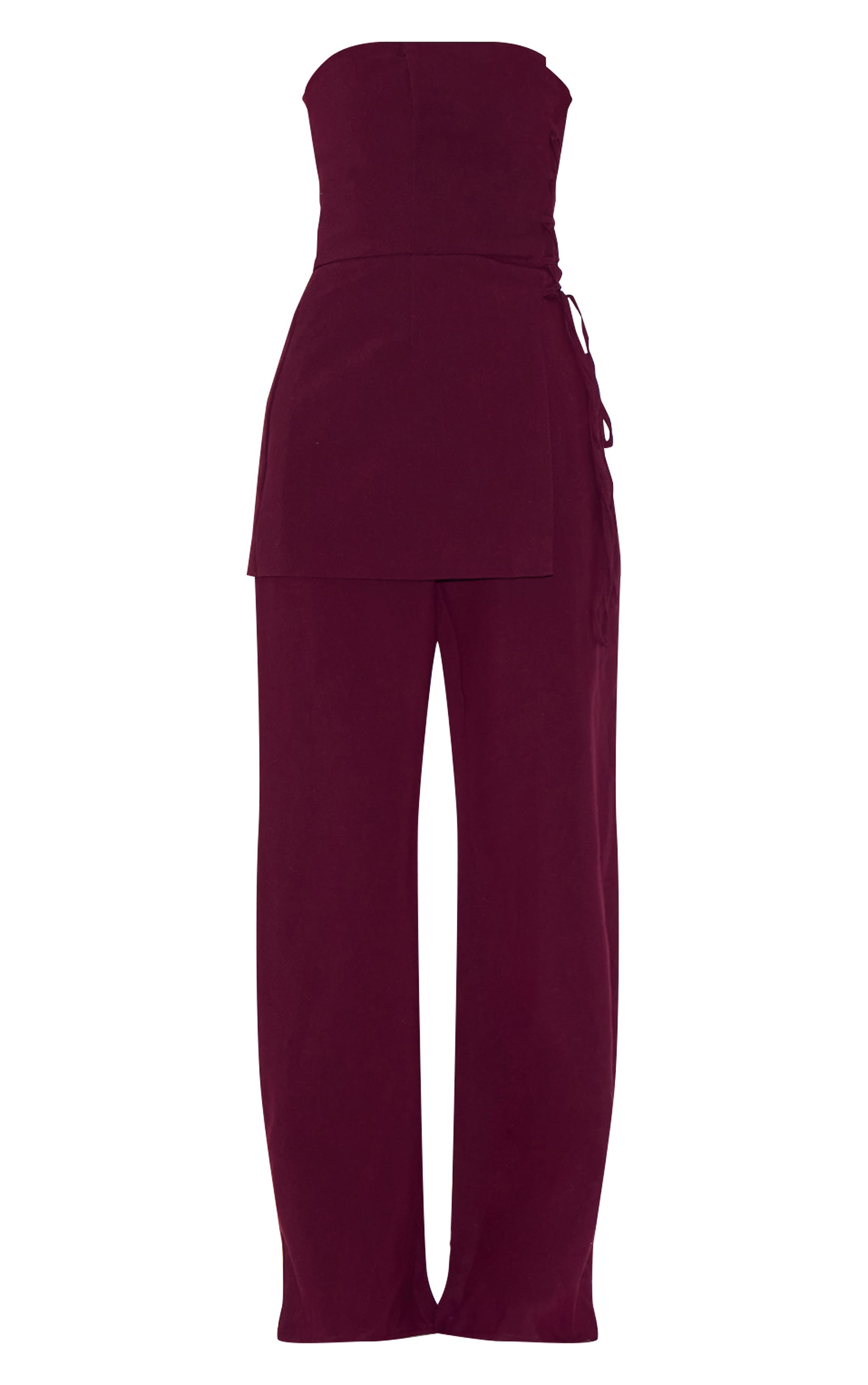 PLT Label Deep Burgundy Overlay Panel Lace Up Tailored Jumpsuit image 5