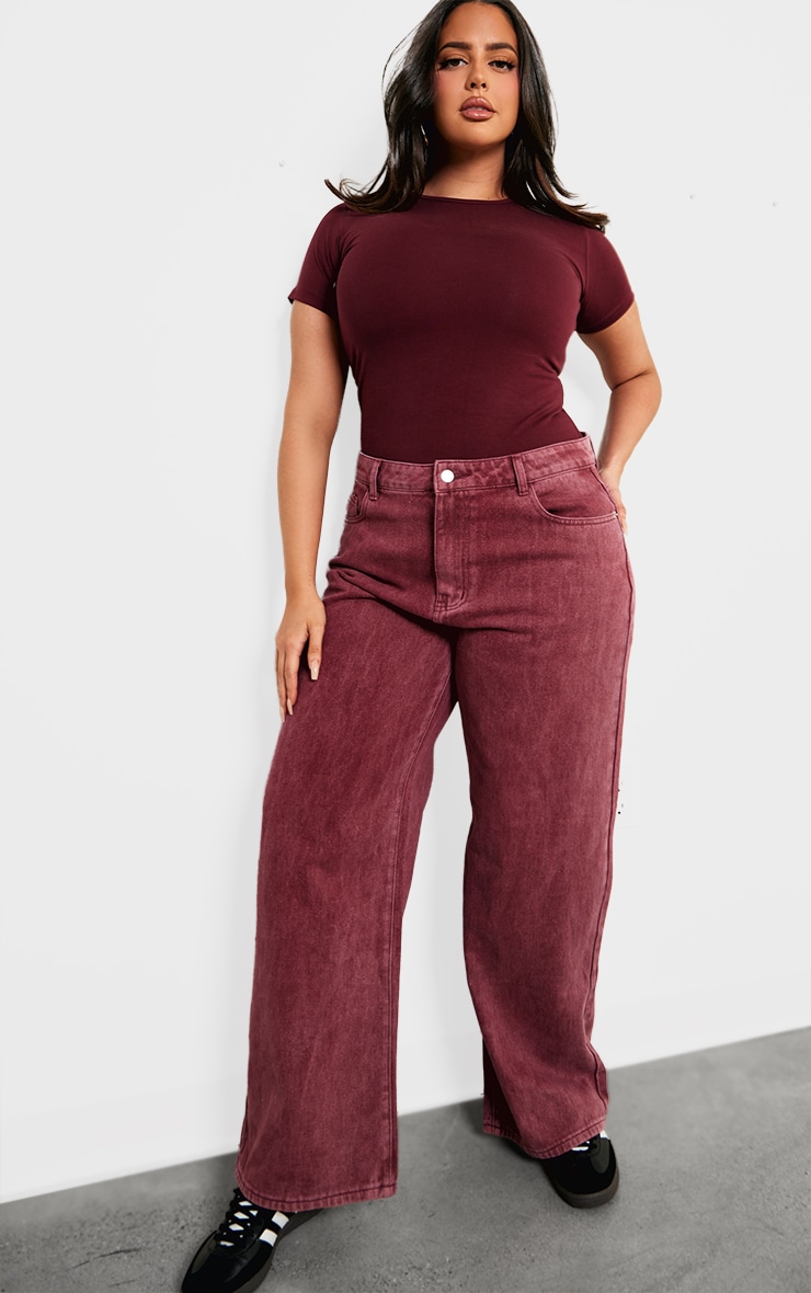 Plus Burgundy Washed Wide Leg Jeans image 1